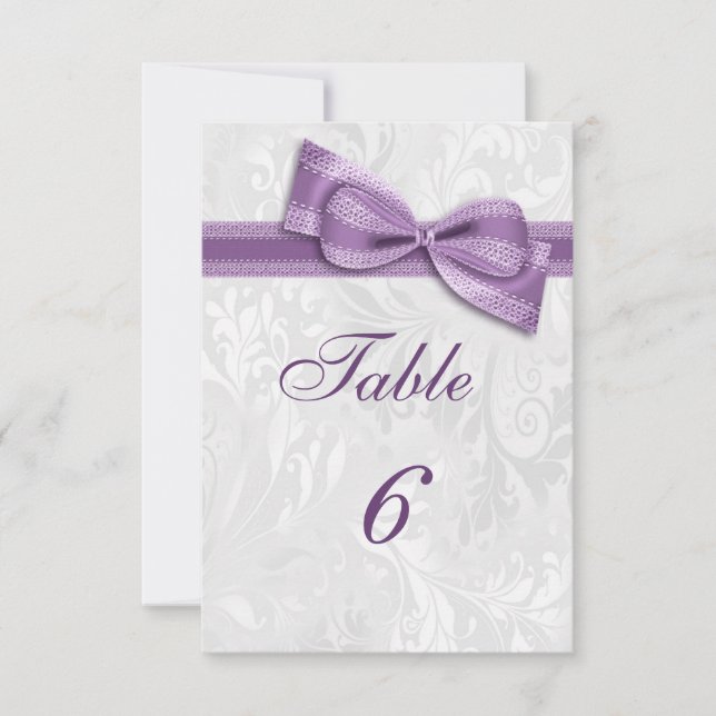 White Damask and Lilac Faux Bow Invitation (Front)