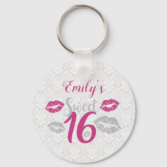 White Damask And Pink And Grey Glitter Keychain (Front)