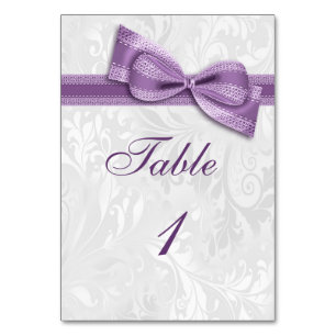 White Damask and Purple Faux Bow Table Number