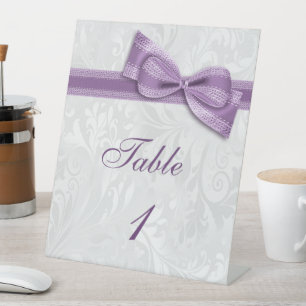 White Damask and Purple Faux Bow Table Number Pedestal Sign