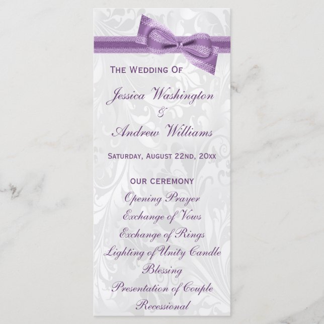 White Damask and Purple Faux Bow Wedding Program (Front)