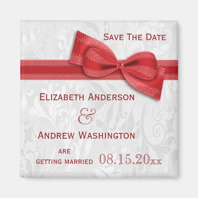 White Damask and Red Faux Bow Save The Date Magnet (Front)