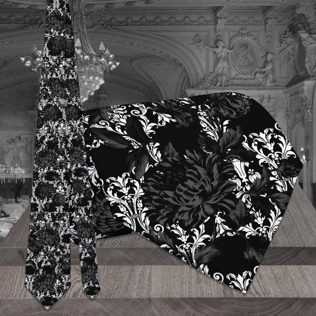White Damask Black Floral Wedding Neck Tie (Creator Uploaded)
