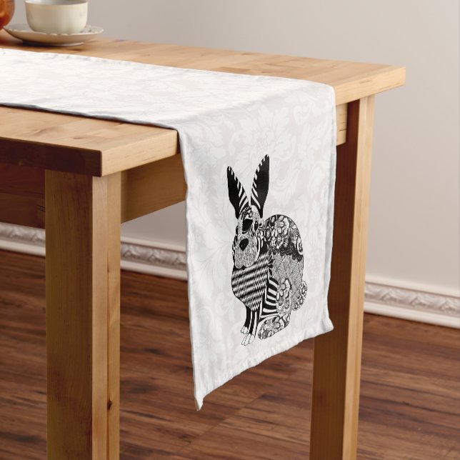 White Damask Black White Rabbit Short Table Runner (In Situ)
