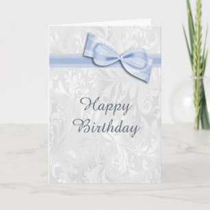 White Damask & Blue Faux Bow Female Birthday Card