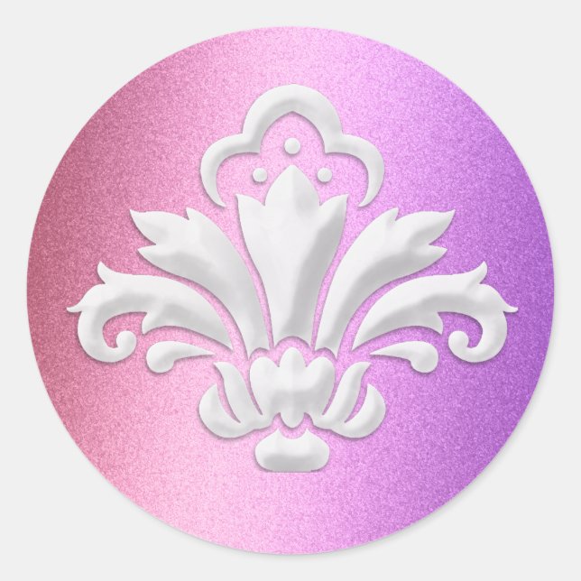 White Damask Design on Pink and Purple Shimmer Classic Round Sticker (Front)
