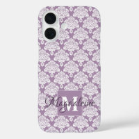 White Damask Dusty Purple Monogram & Name Pretty