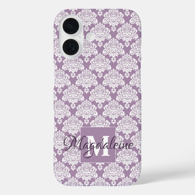 White Damask Dusty Purple Monogram & Name Pretty Case-Mate iPhone Case (Back)