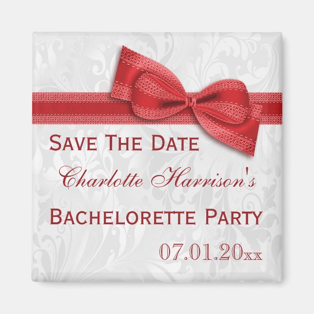 White Damask & Faux Bow Bachelorette Save The Date Magnet (Front)