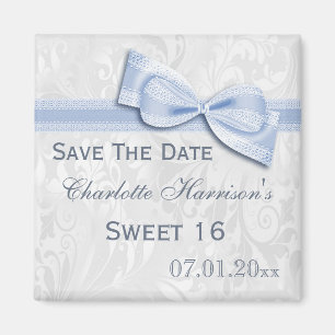 White Damask & Faux Bow Sweet 16 Save The Date Magnet