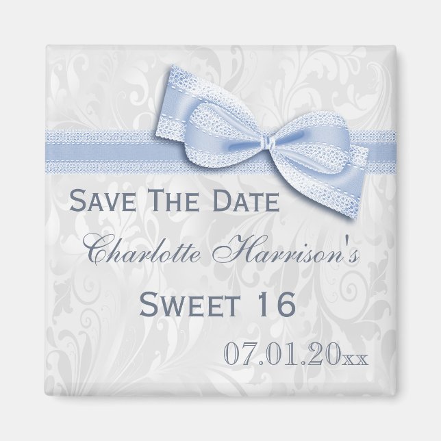 White Damask & Faux Bow Sweet 16 Save The Date Magnet (Front)