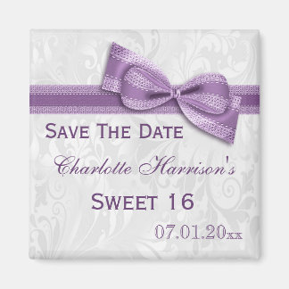 White Damask & Faux Bow Sweet 16 Save The Date Magnet