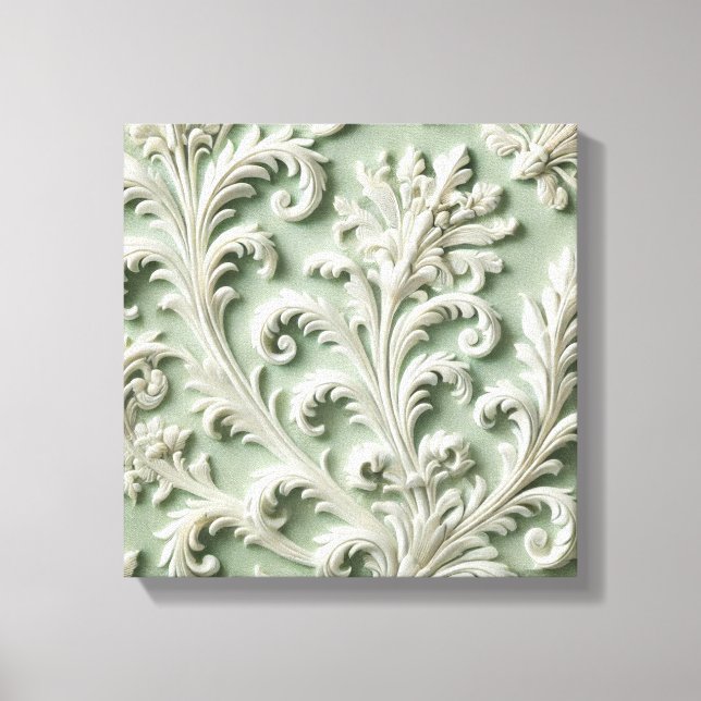 White Damask Floral Pattern Soft Green Background  Canvas Print (Front)