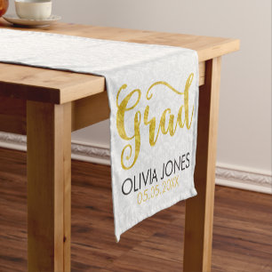 White Damask Gold Typography- Graduations Short Table Runner