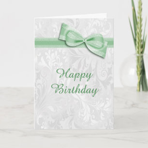White Damask & Green Faux Bow Female Birthday Card
