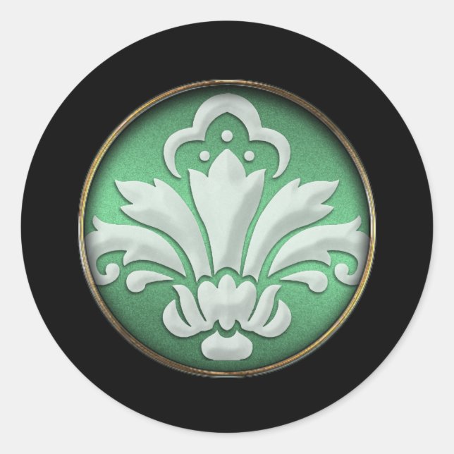White Damask Green Shimmer Black Border Classic Round Sticker (Front)