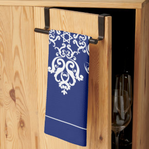 White Damask Leaves Flourish Tile on Any Colour Kitchen Towel