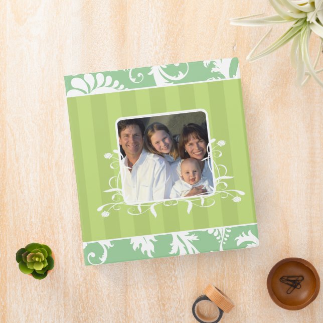 White Damask Lime Striped and Aqua Photo Binder (In Situ)