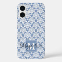 White Damask on Blue Grey Monogram & Name Pretty
