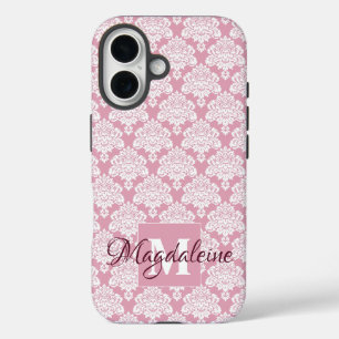 White Damask on Dusty Rose Monogram & Name Pretty iPhone 16 Case