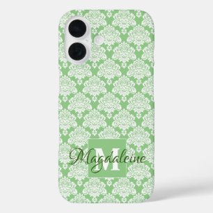 White Damask on Green Monogram & Name Pretty iPhone 16 Case
