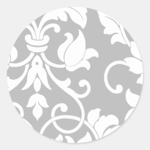 White Damask on Grey Classic Round Sticker