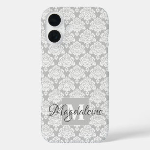 White Damask on Grey Monogram & Name Pretty iPhone 16 Case