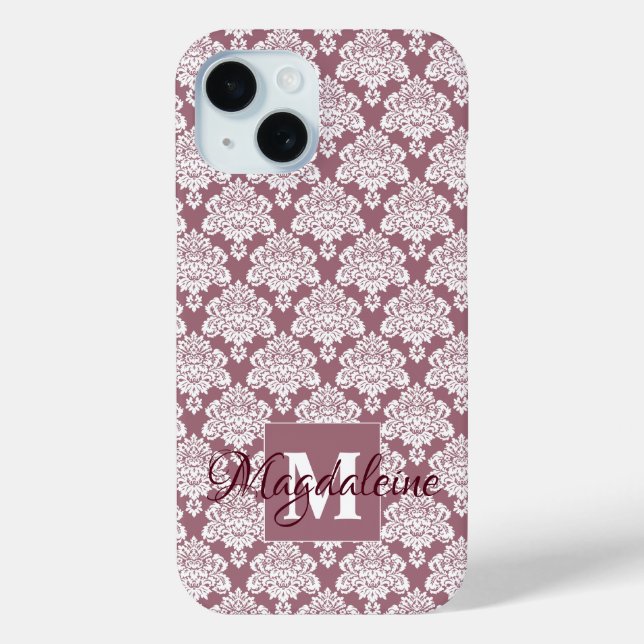 White Damask on Mauve Monogram & Name Pretty Case-Mate iPhone Case (Back)