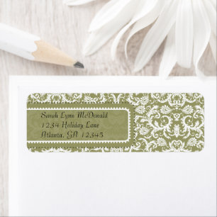 White Damask on Olive Green Grey Return Address