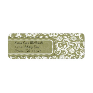 White Damask on Olive Green Grey Return Address