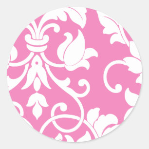 White Damask on Pink Classic Round Sticker