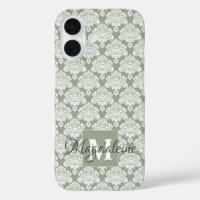 White Damask on Sage Green Monogram & Name Pretty