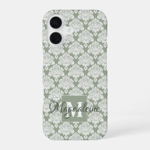 White Damask on Sage Green Monogram & Name Pretty iPhone 16 Case