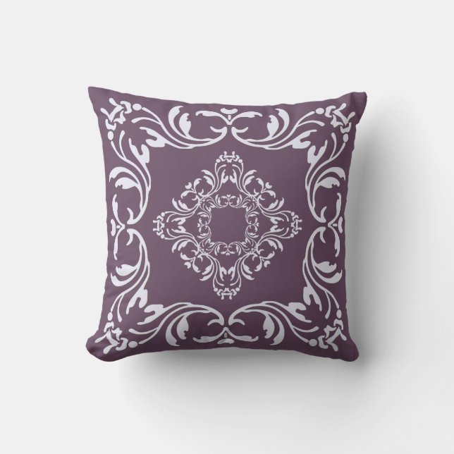 White damask pattern | Plain lavender background Throw Pillow (Front)