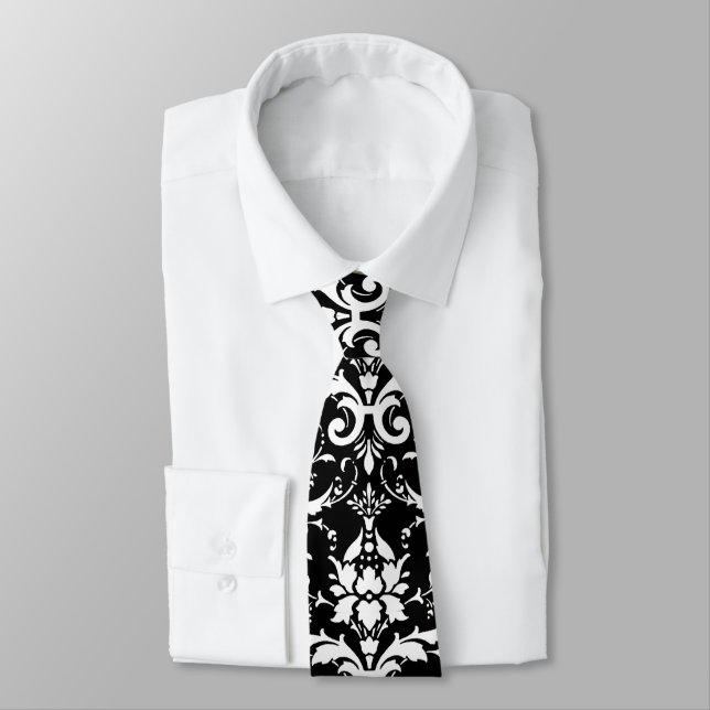 White Damask Pattern Tie (Tied)