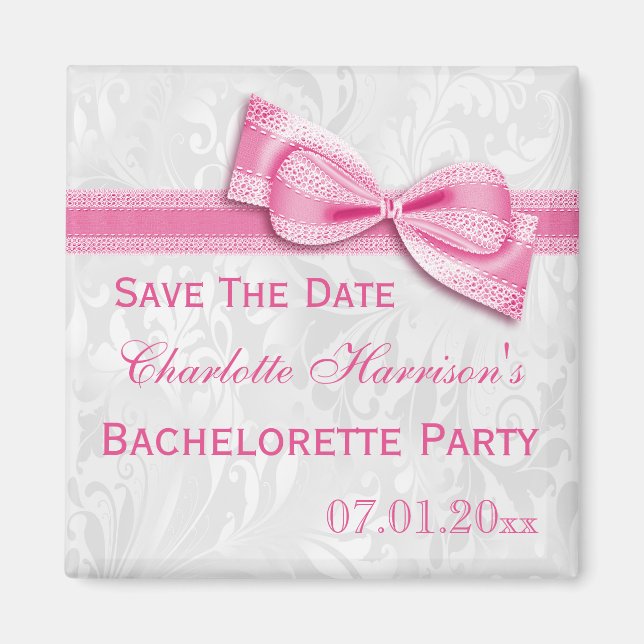 White Damask & Pink Bow Bachelorette Save The Date Magnet (Front)