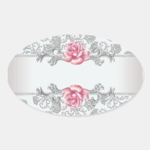 White Damask Pink Rose Envelope Seal Sticker Label