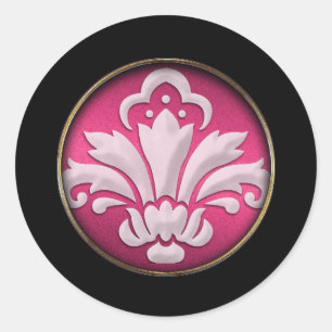 White Damask Pink Shimmer Black Border Classic Round Sticker