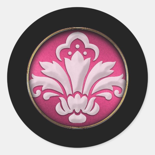 White Damask Pink Shimmer Black Border Classic Round Sticker (Front)
