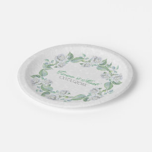 White Damask & Roses- Save The Date Paper Plate