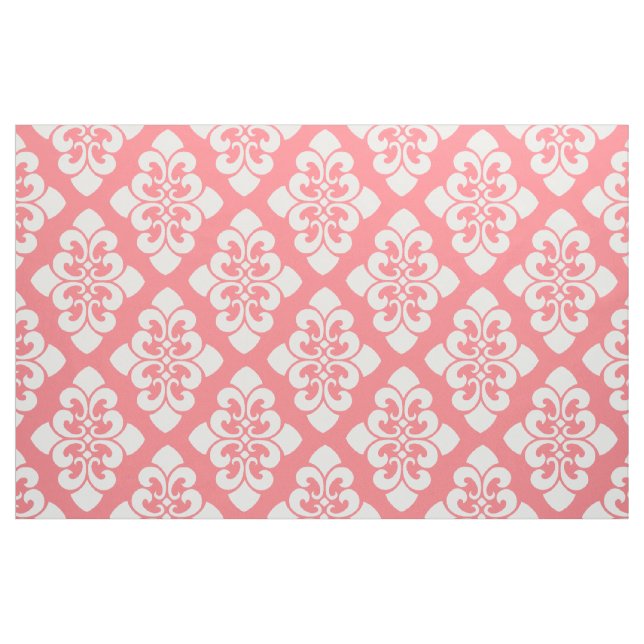 White Damask Scroll on Coral Pink Fabric (Fat Quarter)