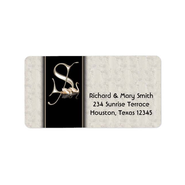 White Damask Swans Letter S Monogram Address Label (Front)