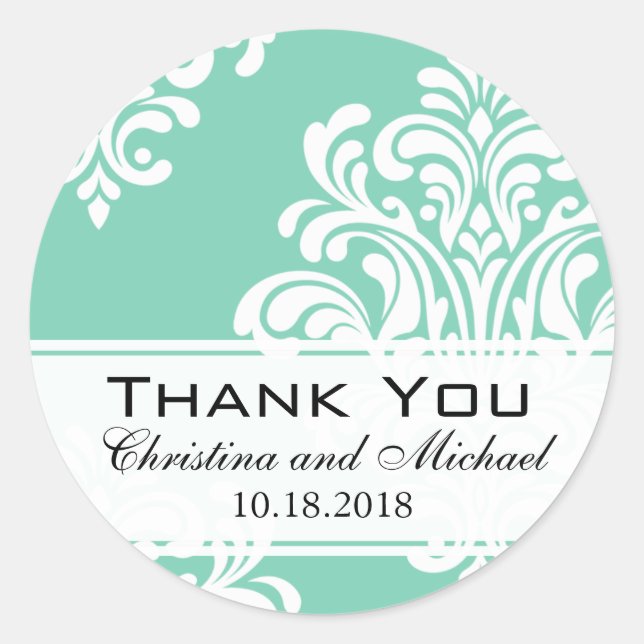 White Damask Wedding Thank You Classic Round Sticker (Front)