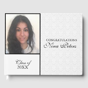 White Damask With Photo- Graduations Guest Book