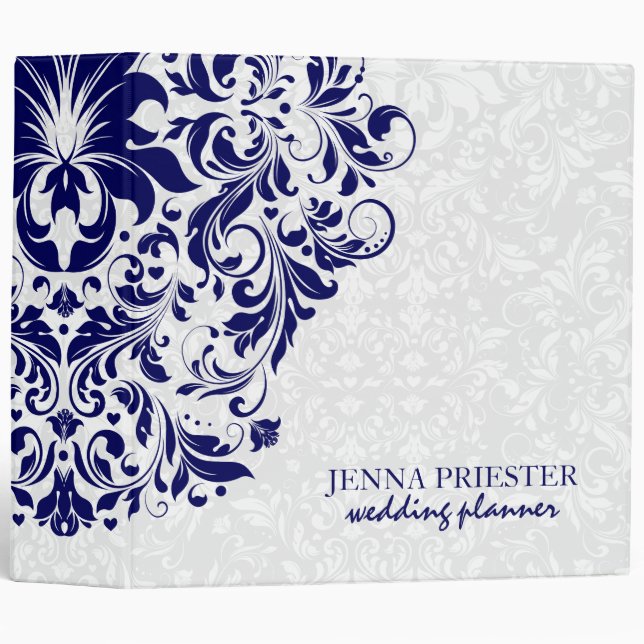White Damasks Background Navy Blue Lace Binder (Front/Spine)