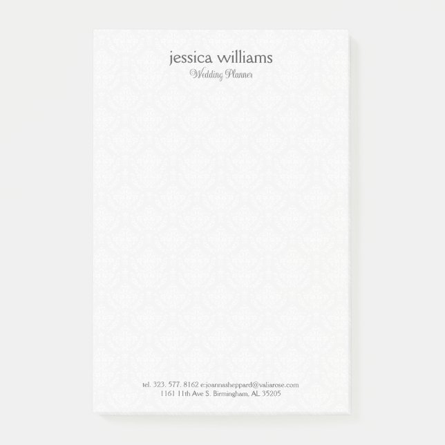 White Damasks Background Personalized Grey Text Post-it Notes (Front)