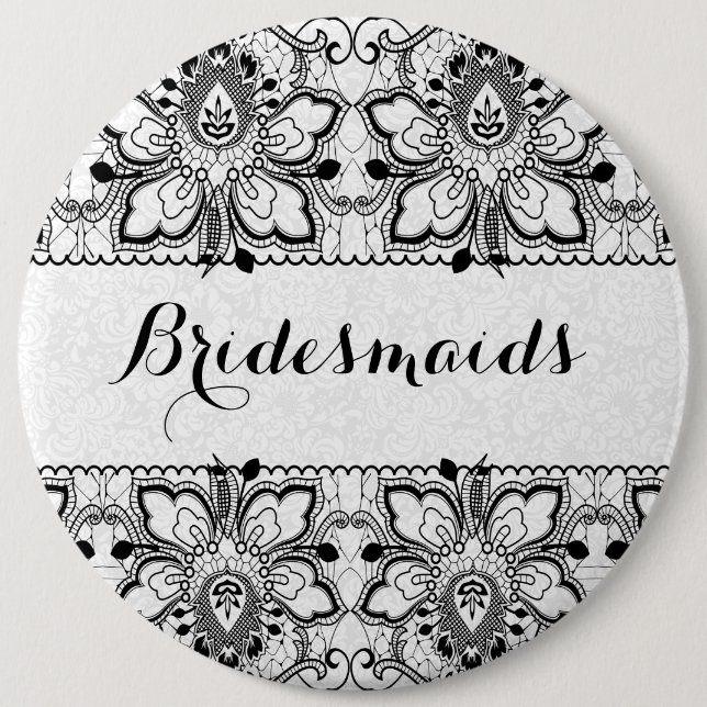 White Damasks & Black Lace Bridesmaids Button (Front)