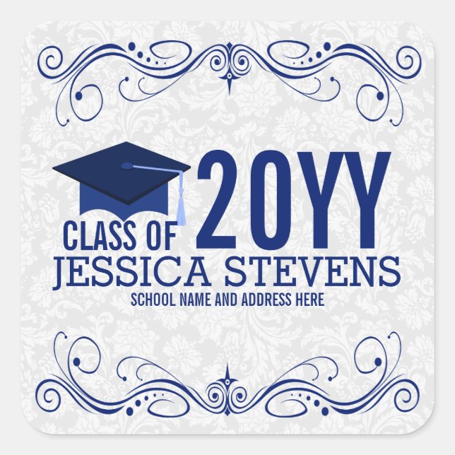 White Damasks & Blue Graduation Hat Square Sticker (Front)