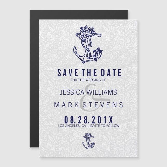 White Damasks & Blue Nautical Floral Anchor Magnetic Invitation (Front/Back)