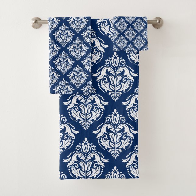 White Damasks Pattern Custom Navy-Blue Background Bath Towel Set (Insitu)